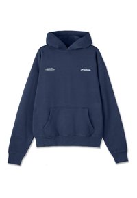 Navy blue hoodie with front pocket, ribbed cuffs and hem, and small white text logos on upper chest area.