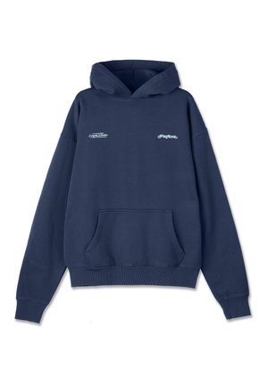 Navy blue hoodie with front pocket, ribbed cuffs and hem, and small white text logos on upper chest area.