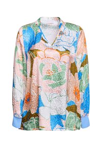 Bunt gemusterte Bluse mit V-Ausschnitt, aus leichtem Stoff gefertigt. Mit blauen Bündchen und einem strukturierten Muster mit großen Blumen in Pastellfarben.