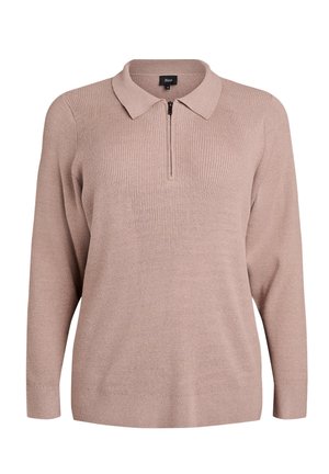 Béžový žebrovaný pletený sveter s dlhým rukávom, s golierom a predným polozipsom, stredná veľkosť, nenáročný štýl.