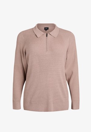 Bež dugih rukava, rebrasto pleteni pulover s ovratnikom i prednjim zatvaračem na pola, srednje veličine, ležerni stil.