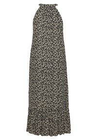 Vestido maxi negro con un patrón floral en color crema, diseño de halter, dobladillo con volantes en capas, tela ligera y silueta fluida.