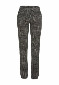 Black checkered pants with an elastic waistband, featuring a grid pattern in white. The fabric appears lightweight and textured.