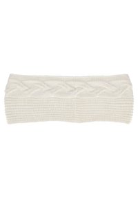 Strickhaarband in Off-White, mit einem geflochtenen Kabeldesign an der Oberseite, strukturiertem Rippenmuster und einem weichen, gemütlichen Material.