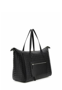 Sac fourre-tout en cuir noir matelassé avec deux poignées robustes, une poche zippée à l'avant et une texture lisse. Dimensions et détails intérieurs non spécifiés.