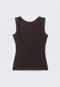 Dunkelbraunes ärmelloses Oberteil mit weitem Rundhalsausschnitt, aus weichem Baumwollmischgewebe. Minimalistisches Design ohne Muster oder Akzente.