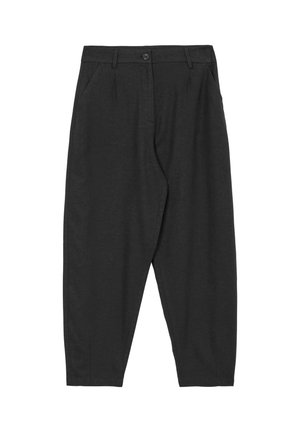 Pantaloni neri a sigaretta con passanti per cintura, chiusura frontale con bottone e tasche laterali, esposti piatti su uno sfondo bianco.