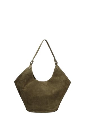 Borsa a spalla in suede verde oliva con forma hobo, un'unica tracolla e texture liscia. Presenta un design minimalista senza hardware visibile.