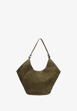 Olive green suede tote bag with a hobo shape, a single strap, and smooth texture. Features a minimalist design without visible hardware.