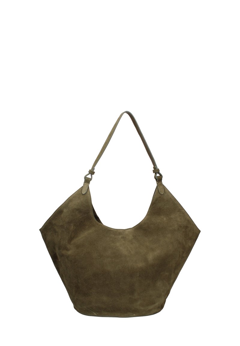 Olivengroen suède tote bag met een hobo-vorm, een enkele strap en een gladde textuur. Kenmerkt zich door een minimalistisch ontwerp zonder zichtbare hardware.