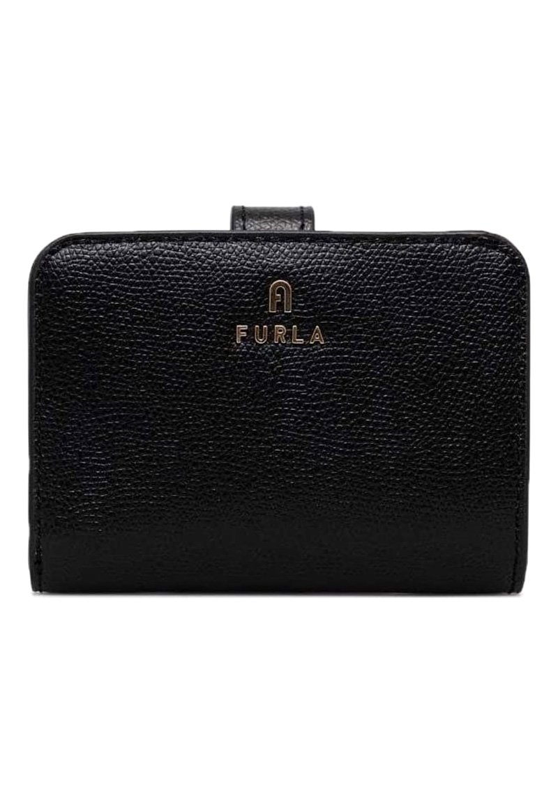 Portefeuille en cuir noir avec une finition texturée, arborant un logo doré en relief. Forme rectangulaire compacte avec une fermeture supérieure sécurisée.
