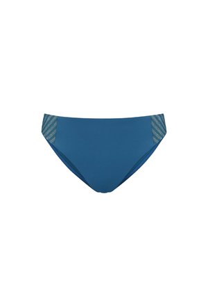 Blauwe bikini slip van een gladde zwemstof met mesh zijkanten in een gestreept patroon. Klassieke snit en naadloze randen voor comfort.