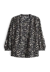 Blouse à manches longues noire et blanche avec motif floral abstrait, encolure ronde, boutonnière devant et épaules et poignets froncés.