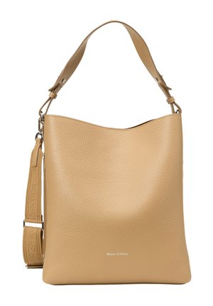 Borsa a spalla in pelle beige con una finitura liscia e texture, ampia apertura, tracolla regolabile e branding minimale sul davanti.