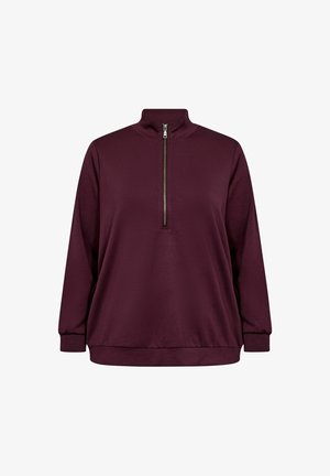 Bordó pulóver, magas gallérral, fél cipzárral, hosszú ujjakkal és laza fazonnal, puha, texturált anyagból.