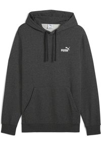 Donkergrijze Puma hoodie met capuchon, zwarte trekkoorden, voorkant kangaroo zak en wit Puma-logo op de borst.