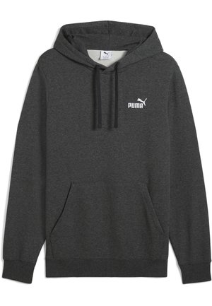 Mørkegrå Puma hoodie med hætte, sorte snore, frontkangaroo-lomme og hvid Puma-logo på brystet.
