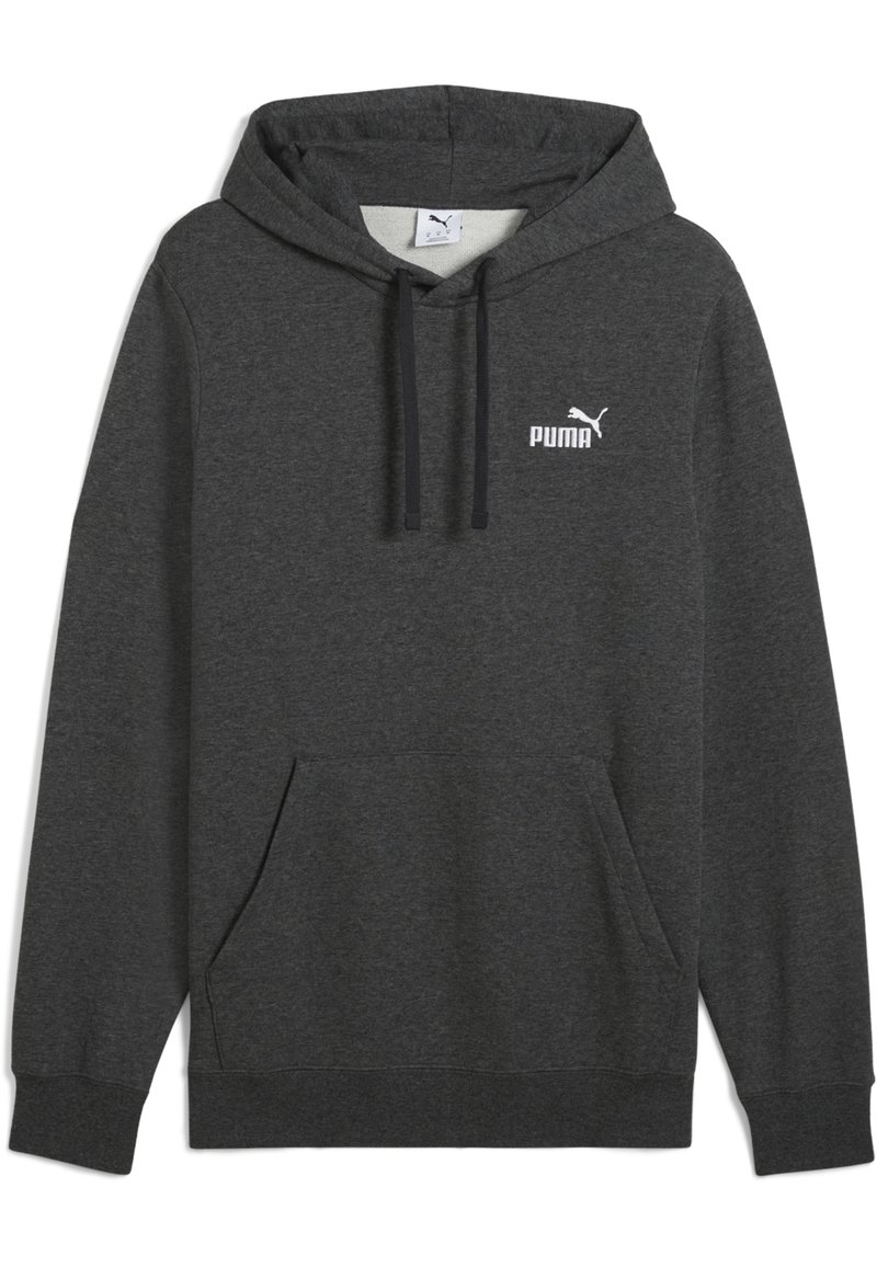 Ciemnoszara bluza Puma z kapturem, czarnymi sznurkami, przednią kieszenią typu kangur i białym logo Puma na klatce piersiowej.