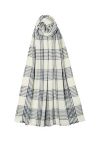 Sciarpa a scacchi in crema e grigio. Tessuto morbido e texturizzato con bordi frangiati. Arrotolata nella parte superiore, presenta linee spesse e sottili alternate.
