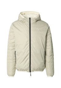 Lys beige dunjakke med hette, svart glidelås og elastiske mansjetter. Har sidelommer og en liten logo på brystet. Glatt tekstur.