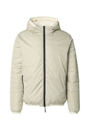 Lichtbeige donsjack met capuchon, zwarte rits en elastische manchetten. Voorzien van zijzakken en een klein logo op de borst. Soepele textuur.