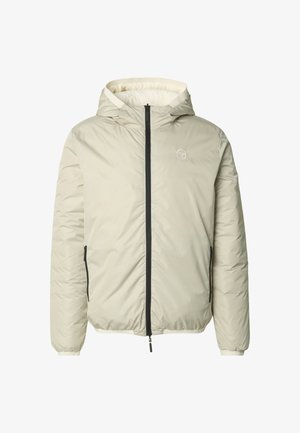 Lichtbeige donsjack met capuchon, zwarte rits en elastische manchetten. Voorzien van zijzakken en een klein logo op de borst. Soepele textuur.