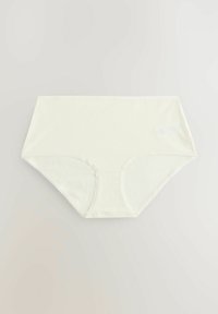 Beige Baumwollslip mit hohem Bund, der glatte Kanten und einen vollflächigen Schnitt aufweist. Weicher, atmungsaktiver Stoff mit minimalen Nähten.