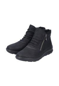 Black leather ankle boots feature a folded design, side zipper, textured surface, and a flexible sole with a slight heel.