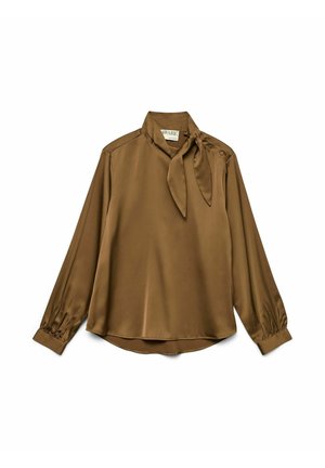 Blouse en soie marron avec un col à nouer, des manches longues et des accents de bouton aux épaules. Texture douce et coupe décontractée.