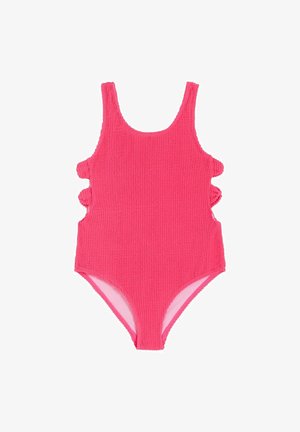 Karsti rozā teksturēts viengabala peldkostīms ar apaļu kakla izgriezumu un viļņotu griezumu abās pusēs, attēlots uz balta fona.