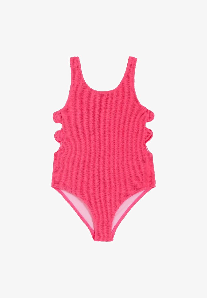 Bañador de una pieza en color rosa fuerte con textura, escote redondo y recortes en forma de ondas a ambos lados, mostrado sobre fondo blanco.