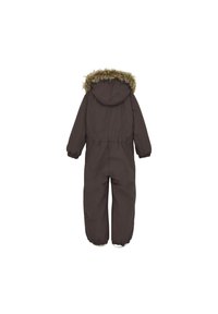 Brun overall med huva som är fodrad med konstgjord päls, elastisk midja och manschetter vid anklarna. Vattentåligt tyg med en slät yta.