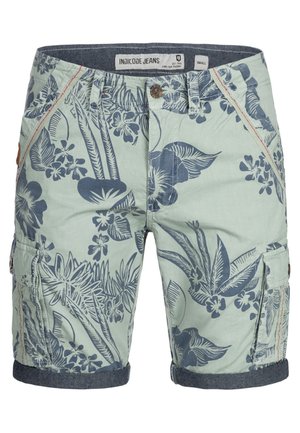 Lysgrønne cargo shorts med et blåt blomsterdesign. Har denimopkanter, sidelommer og en kontrasterende stikning.