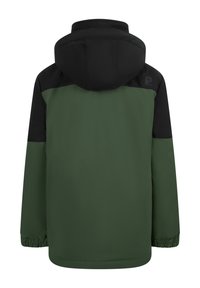 Grüne und schwarze, gefütterte Jacke mit glatter Oberfläche. Verfügt über elastische Bündchen und ein Silhouetten-Design mit einem Logo auf dem Rücken.