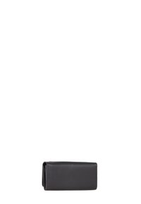 Portefeuille en cuir noir de forme rectangulaire et texture lisse. Présente un design pliable, offrant un look élégant et minimal.