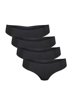 Vier schwarze nahtlose Unterhosen im Slip-Stil mit breiten Taillenbändern, übereinander gestapelt in einer kaskadenförmigen Anordnung.