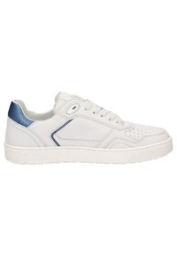 Weiße Ledersneaker mit einer perforierten Zehenbox, blauen Akzenten an der Ferse und weißer Gummisohle. Verfügt über ein Schnürdesign und gestickte Details.