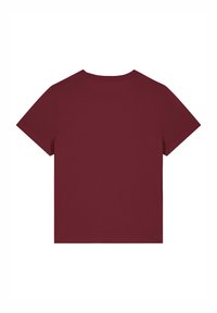 Bordeaux t-shirt met korte mouwen, ronde hals en een gladde textuur. Het is onopgemaakt aan de achterkant en heeft een klassiek, eenvoudig ontwerp.