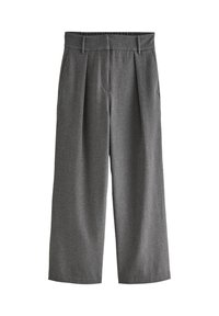 Pantaloni grigi a gamba larga con tessuto texture, caratterizzati da una parte anteriore plissettata, vita elasticizzata e tasche laterali per funzionalità.