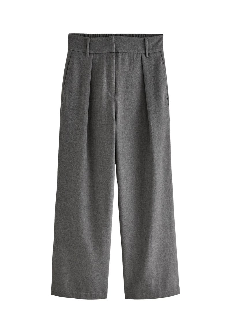 Pantaloni grigi a gamba larga con tessuto texture, caratterizzati da una parte anteriore plissettata, vita elasticizzata e tasche laterali per funzionalità.