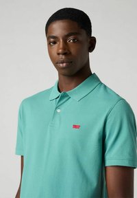 Mintgrön Poloshirt i bomull med krage, tre knappar och en liten röd logotyp på vänster bröst. Slät textur, korta ärmar.