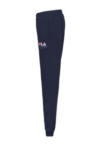 Dunkelblaue Baumwoll-Sweatpants mit elastischem Bund, seitlichen Taschen und einem weißen aufgestickten Logo am linken Oberschenkel.
