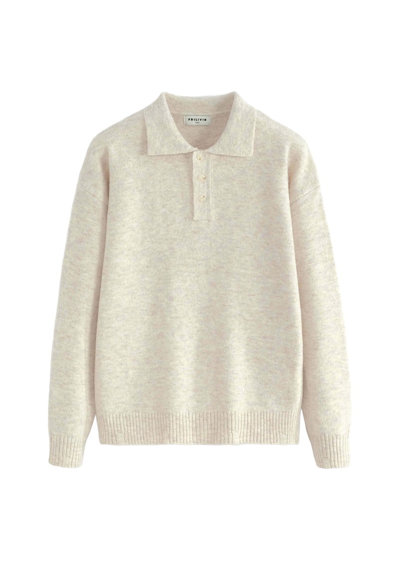 Pull en tricot couleur crème avec un col et une fermeture à trois boutons. Comprend des bords-côtes aux poignets et à l'ourlet. Texture douce.