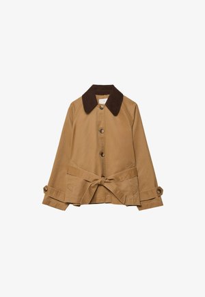 Khaki jacket with brown corduroy collar, button front, tie waist, and flap pockets. Features long sleeves and buttoned cuffs.
