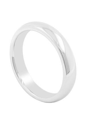 Bague en argent poli, forme symétrique et arrondie, texture lisse avec une surface réfléchissante, sans détails ni motifs supplémentaires.