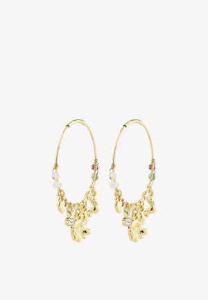 Gold hoop earrings with hanging charms including gold shapes, small multicolored beads, and clear crystal accents.