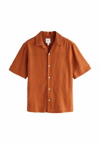Short-sleeve, button-up shirt in rust orange linen with embroidered sun motifs, featuring a camp collar and white buttons.