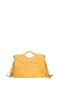 Sac à main en daim jaune moutarde avec une anse supérieure, une poche zippée à l'avant et des franges décoratives sur le côté.