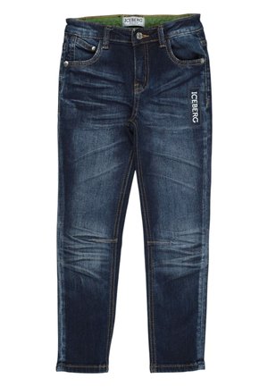 Jeans blu scuro per bambini con dettagli sbiaditi, tasche frontali, chiusura con bottoni, cuciture a contrasto e etichetta del marchio ICEBERG sulla gamba destra.