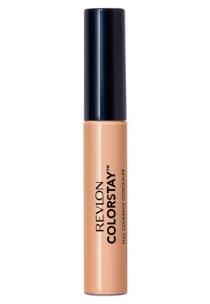 Revlon Colorstay full coverage concealer in een beige tube met een zwarte dop; heeft vetgedrukte tekst aan de zijkant voor eenvoudige identificatie.
